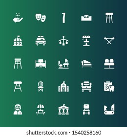 chair icon set. Collection of 25 filled chair icons included Jackknife, Chair, University, Picnic table, Dentist, Dental, Tv table, Stool, Seats, Divan, Workplace, Desk, Folding