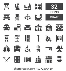 Chair Icon Set. Collection Of 32 Filled Chair Icons Included Chair, Theater, Theatre, Film, Folding Chair, Dinner Table, Desk, Disabled, Tv Table, Waiting Room, Saloon, Wheelchair