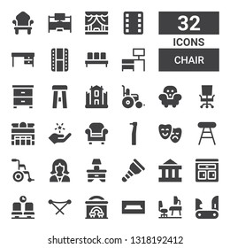 Chair Icon Set. Collection Of 32 Filled Chair Icons Included Jackknife, Workplace, Tv Table, Cinema, Folding Chair, Waiting Room, Furniture, Theater, Wooden Leg, Bedside Table