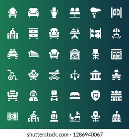 chair icon set. Collection of 36 filled chair icons included Theatre, Desk chair, Workplace, Seat, University, Film, Theater, Dental, Double bed, Dentist, Tv table, Bedside table