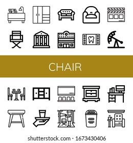 chair icon set. Collection of Desk, Director chair, Closet, Theatre, Sofa, Cinema, Armchair, Film, Clapperboard, Pendulum ride, Dinner table, Stool, Serve, Director, Popcorn icons