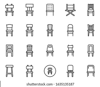 Chair icon set. Collection of thin line icons. 20 high quality outline logo on white background. Pack of symbols for design website, mobile app, printed material, etc