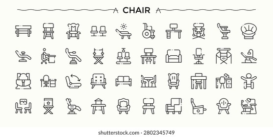Chair icon set. Couch line icon set. Minimalist icons collection. Includes thin line symbols seat, sofa, room, relax, furniture, decor, comfort and more. Editable stroke vector art.