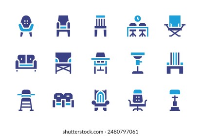 Chair icon set. Duotone color. Vector illustration. Containing woodenchair, chair, buildings, referee, highchair, cinemaseats, throne, armchair, sofa.