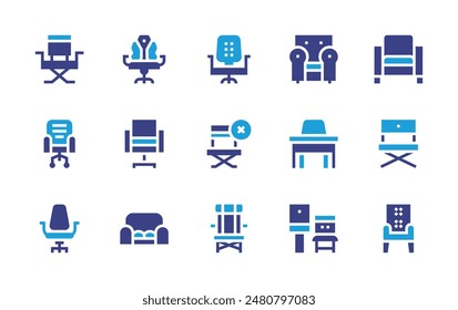 Chair icon set. Duotone color. Vector illustration. Containing desk, deskchair, chair, directorschair, beachchair, nochair, sofa, peopleless.