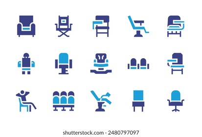 Chair icon set. Duotone color. Vector illustration. Containing barberchair, armchair, chair, hairdresserchair, deskchair, directorchair, electricchair.