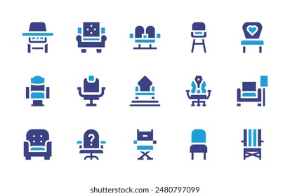 Chair icon set. Duotone color. Vector illustration. Containing chair, highchair, gamingchair, chairs, beachchair, directorchair, babychair, throne, armchair.