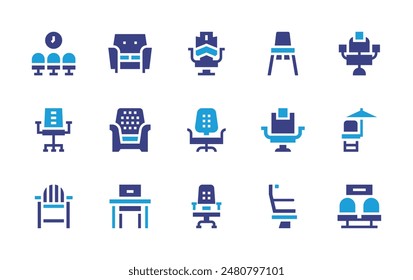 Chair icon set. Duotone color. Vector illustration. Containing babychair, deskchair, salonchair, officechair, hairdresserchair, chair, lifeguard, seat.