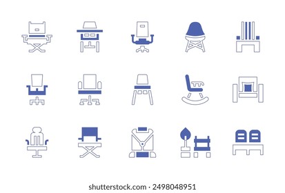 Chair icon set. Duotone style line stroke and bold. Vector illustration. Containing rockingchair, babychair, armchair, chair, officechair, hammock, carseat, restarea, seats.