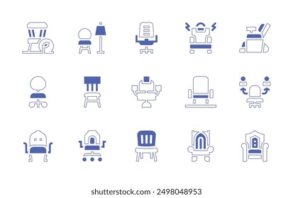 Chair icon set. Duotone style line stroke and bold. Vector illustration. Containing throne, massage, armchair, officechair, chair, deskchair, electricchair, hairdresserchair, vacancy.