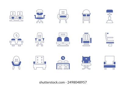 Chair icon set. Duotone style line stroke and bold. Vector illustration. Containing officechair, gamingchair, chair, armchair, waitingroom, seating, meetingroom.