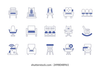 Chair icon set. Duotone style line stroke and bold. Vector illustration. Containing massagechair, chair, armchair, deskchair, directorchair, waitingroom, stool, throne, novacancy.