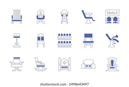 Chair icon set. Duotone style line stroke and bold. Vector illustration. Containing feedingchair, officechair, rockingchair, chair, beachchair, directorchair, stool, throne, stands.