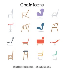 Chair icon set  in flat color style