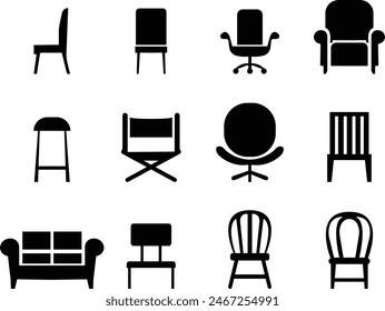 Chair icon set in flat style. Chair and Seating icons silhouettes vector design template. modern soft fabric office arm chairs, isolated on transparent background, Piece of furniture for living room,