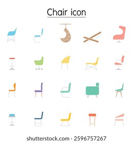 Chair icon set in side view flat color style