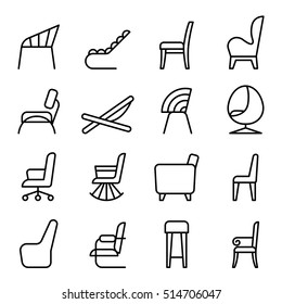 Chair Icon Set In Side View Thin Line Style