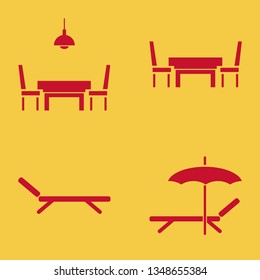 chair icon set with table chairs, chaise lounge and chaise lounge umbrella vector illustration