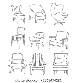 Chair icon set in thin line style flatline armchairs. Various chairs and seater hand drawn doodle.