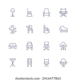 Chair icon set. Thin line icon. Editable stroke. Containing stool, couch, rockingchair, chair, directorchair, directorschair, sofa, deskchair, hairdresserchair, dentistchair.