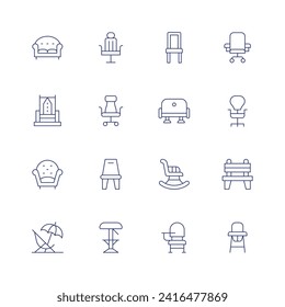 Chair icon set. Thin line icon. Editable stroke. Containing sofa, throne, armchair, seat, gamingchair, officechair, chair, rockingchair, deskchair, bench, babychair.