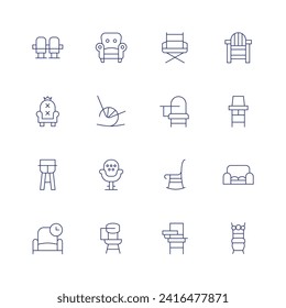 Chair icon set. Thin line icon. Editable stroke. Containing seats, throne, highchair, lounge, sofa, rockingchair, chair, directorchair, deskchair, lifeguardchair, feedingchair.