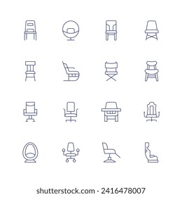 Chair icon set. Thin line icon. Editable stroke. Containing chair, officechair, eggchair, rockingchair, directorchair, feedingchair, salonchair, gamingchair, babychair.