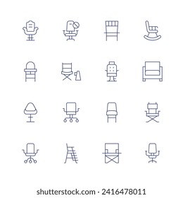 Conjunto de iconos de la silla. Icono de línea delgada. Trazo editable. Consta de una silla, una silla de niños, una silla de director, una silla de salvavidas, una tumbona, una silla plegable, una tumbona, un sillón.
