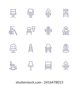 Chair icon set. Thin line icon. Editable stroke. Containing directorchair, lifeguardchair, chair, rockingchair, gamingchair, deskchair, babychair, campingchair, seat, gamer.