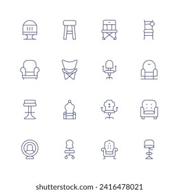 Conjunto de iconos de la silla. Icono de línea delgada. Trazo editable. Consta de solárium, sillón, taburete, sillón, silla, camping, asiento, taburete.