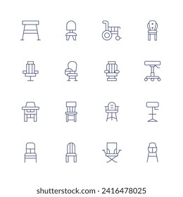 Chair Icon Set. Dünne Linie Symbol. Bearbeitbarer Strich. Mit Stuhl, Friseur, Hochstuhl, Stuhl, Schreibtisch, Rollstuhl, Barberstuhl, Babystuhl, Campingstuhl, Sessel, Barhocker.
