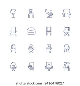 Chair icon set. Thin line icon. Editable stroke. Containing chair, beachchair, eggchair, gamingchair, deskchair, dentistchair, babychair, directorchair, armchair, foldingchair, baby, throne.