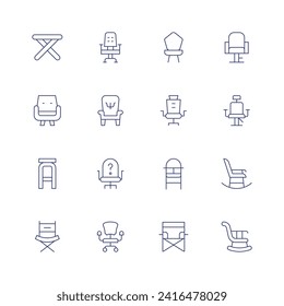 Chair icon set. Thin line icon. Editable stroke. Containing stool, armchair, directorchair, officechair, chair, babychair, feedingchair, foldingchair, hairdresserchair, barberchair, rockingchair.