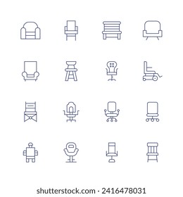Chair icon set. Thin line icon. Editable stroke. Containing armchair, director, electricchair, chair, woodenchair, officechair, wheelchair.