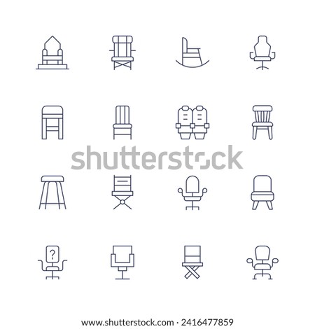 Chair icon set. Thin line icon. Editable stroke. Containing throne, stool, vacant, beachchair, chair, directorchair, rockingchair, chairs, officechair.