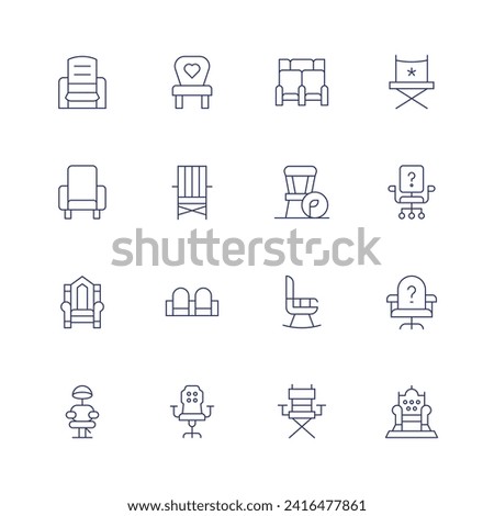 Chair icon set. Thin line icon. Editable stroke. Containing recliner, armchair, throne, barber, babychair, beachchair, chair, gamingchair, woodenchair, rockingchair, directorchair, officechair.