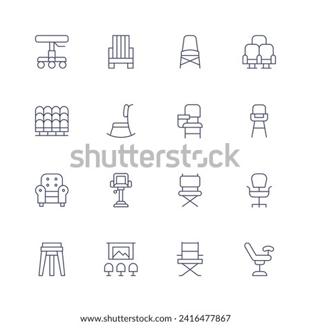 Chair icon set. Thin line icon. Editable stroke. Containing stool, seat, armchair, beachchair, rockingchair, chair, deskchair, foldingchair, directorchair, highchair, gynecologicalchair.