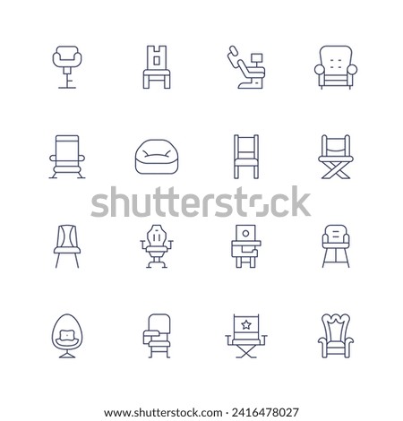 Chair icon set. Thin line icon. Editable stroke. Containing chair, beachchair, eggchair, gamingchair, deskchair, dentistchair, babychair, directorchair, armchair, foldingchair, baby, throne.