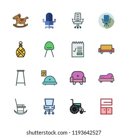 chair icon set. vector set about wheelchair, bar stool, rocking chair and furniture icons set.