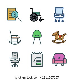 chair icon set. vector set about rocking chair, armchair, rocking horse and modern chair icons set.