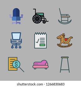chair icon set. vector set about wheelchair, sofa, bar stool and report id icons set.