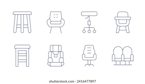 Symbole der Vorsitzenden. Bearbeitbarer Strich. Mit Stuhl, Stuhl, Stuhl, Bügelstuhl, Babystuhl, Sessel.