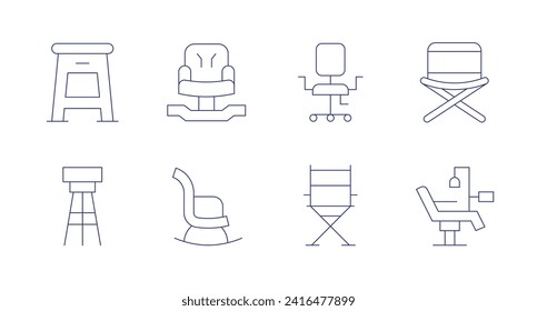 Iconos de la silla. Trazo editable. Consta de taburete, taburete, silla, tumbona, silla de ruedas, silla de ruedas, silla de camping.