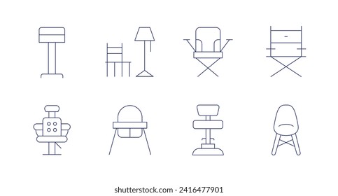 Chair icons. Editable stroke. Containing stool, barber, chair, babychair, foldingchair, directorchair.