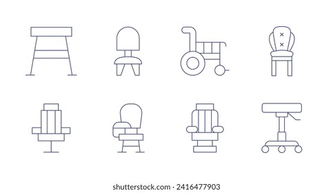 Iconos de la silla. Trazo editable. Consta de taburete, barbería, silla, escritorio, silla de ruedas, barbacoa, sillón.