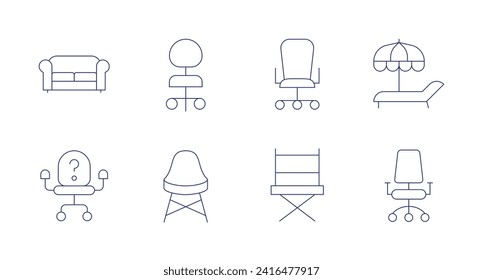 Chair icons. Editable stroke. Containing sofa, vacancy, officechair, chair, deckchair, directorchair.