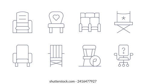 Iconos de la silla. Trazo editable. Consta de tumbonas, sillón, sillón de niños, tumbona, silla de playa, silla de madera, silla directora.