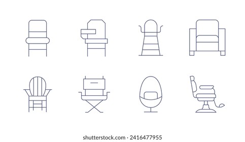 Iconos de la silla. Trazo editable. Consta de silla, silla de noche, escritorio, silla plegable, socorrista, sillón, barbacoa.