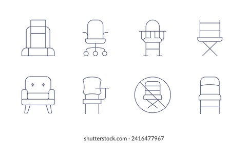 Iconos de la silla. Trazo editable. Consta de asiento trasero, silla, escritorio, silla de bebé, silla de oficina, silla de ruedas, silla de dirección, silla plegable.