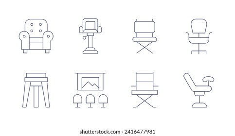 Symbole der Vorsitzenden. Bearbeitbarer Strich. Sessel, Stuhl, Stuhl, Folgetstuhl, Direktorstuhl, gynäkologischer Stuhl.